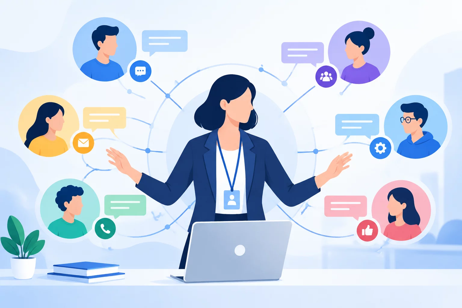 Professional meeting moderator orchestrating digital and physical discussion